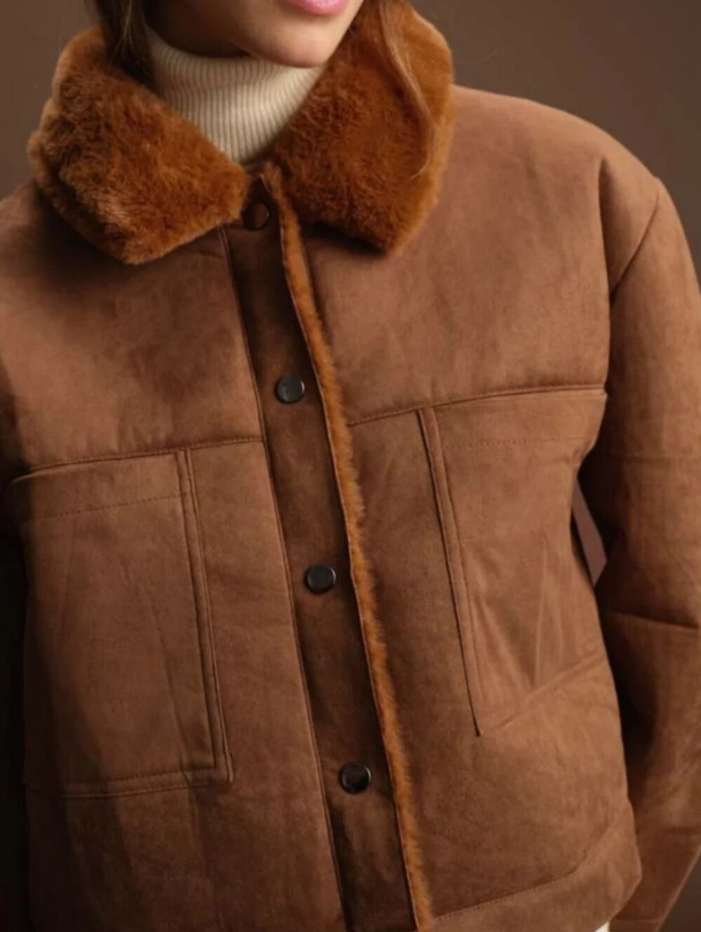 DELUC NWT Matthew Brown Faux Suede Fur Trim Cropped Jacket Coat Size M Cozy Fall - Picture 8 of 13